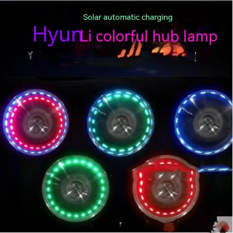 Solar-powered LED valve stem light for car and motorcycle tyres with adjustable colours.