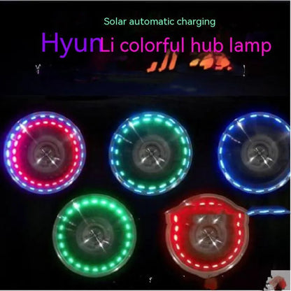 Solar-powered LED valve stem light for car and motorcycle tyres with adjustable colours.