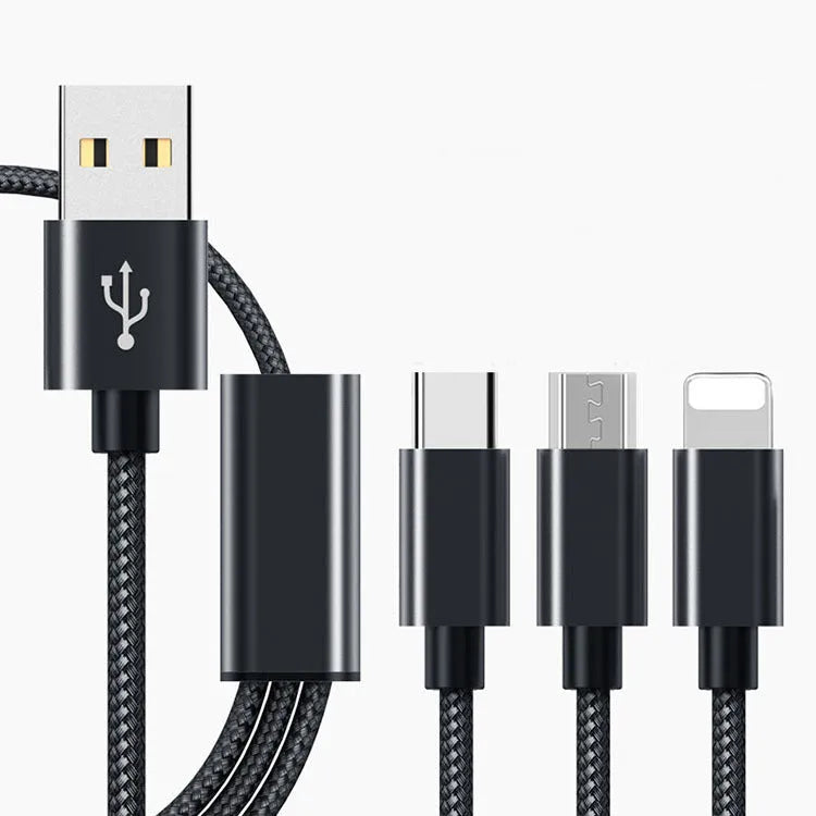 A 1.2 metre three-in-one charging cable showing Micro USB, Lightning, and USB-C connectors in a choice of colours.