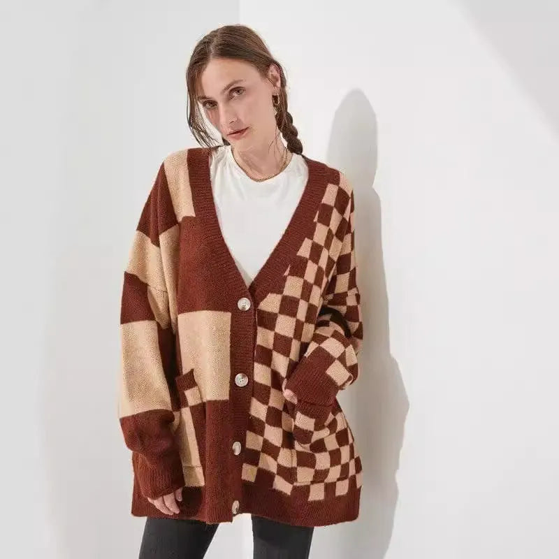 Loose fit knitwear cardigan with printed check pattern in wine red colour showing regular sleeves and slim styling