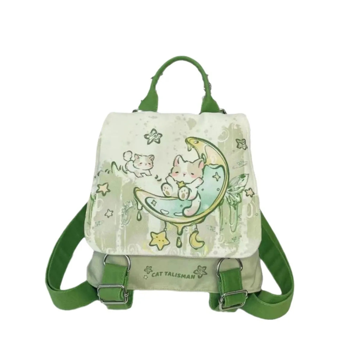 Mint green polyester backpack with sandwich pocket and canvas lining, 23x10x25cm