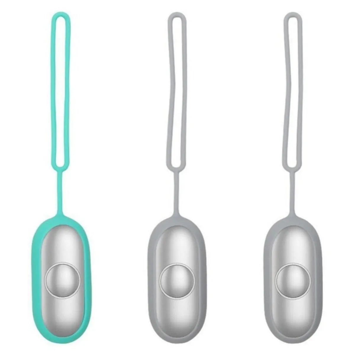 Hand-held micro-current sleep aid device in grey, green, or orange with round button and USB charging port