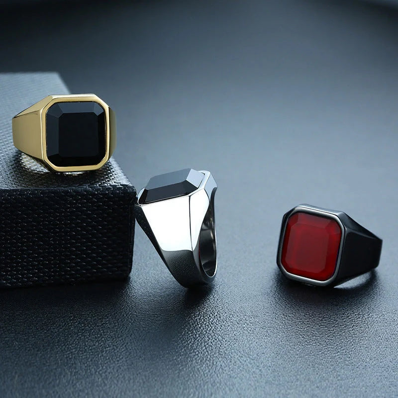 Men's stylish stainless steel black agate ring for a bold and sophisticated look