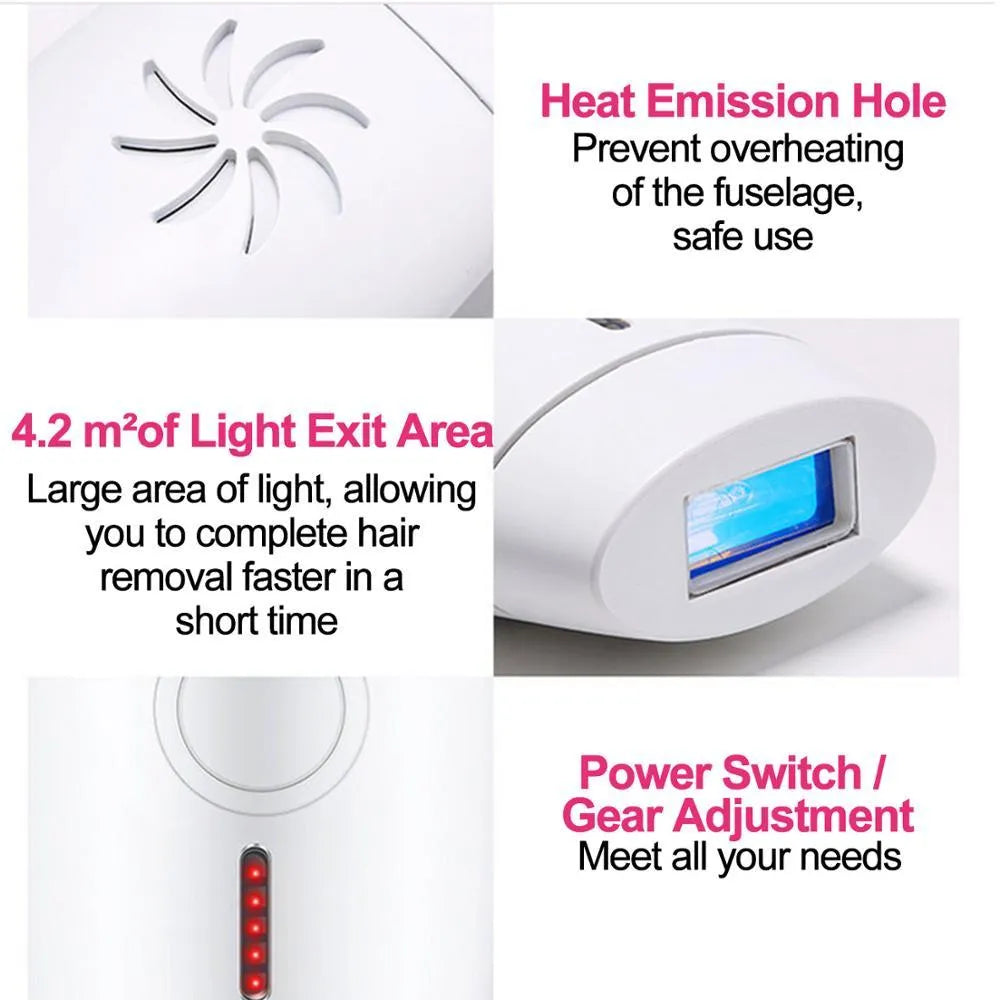 White home laser hair removal device with display, shown next to its power adapter.