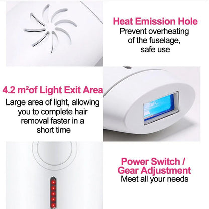 White home laser hair removal device with display, shown next to its power adapter.