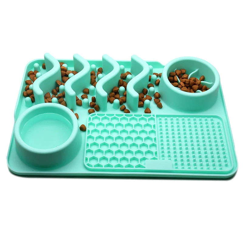 Premium silicone pet licking pad in various colours, designed to slow down eating and promote dental health for dogs
