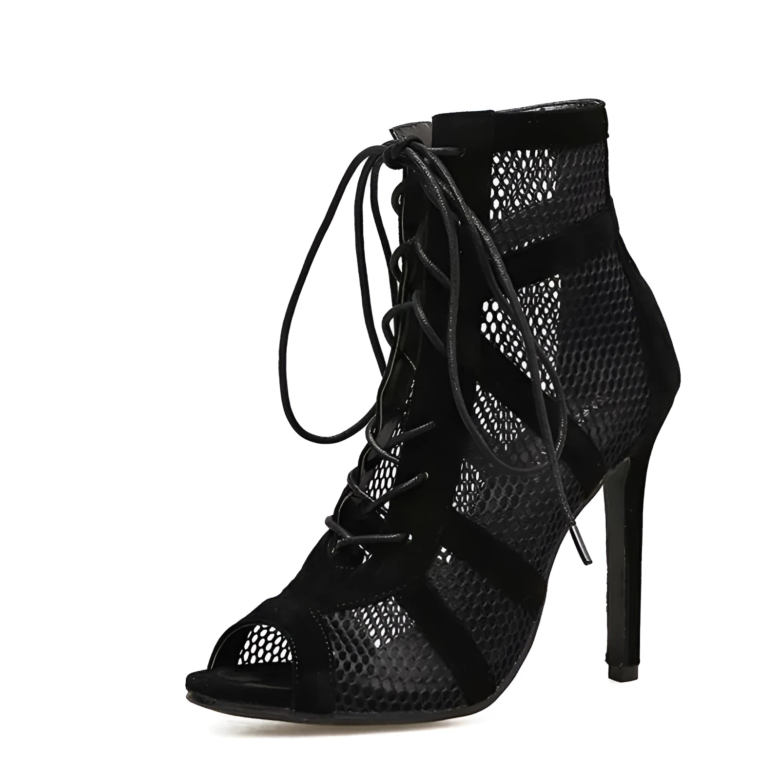 Black suede women's lace-up high-heel shoes with an 11.5 cm heel on a white background.