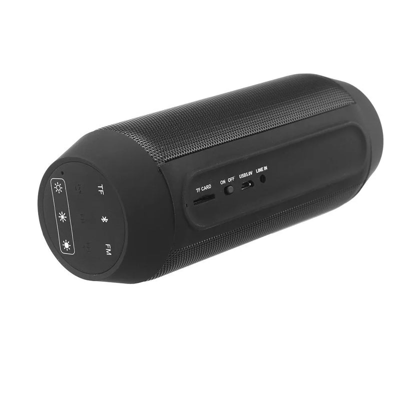 Mini mobile phone portable Bluetooth stereo speaker with colour-changing lights, 2000mAh battery for 8-hour playback, supporting Bluetooth/FM radio/TF card music playback and intelligent voice control in black or white