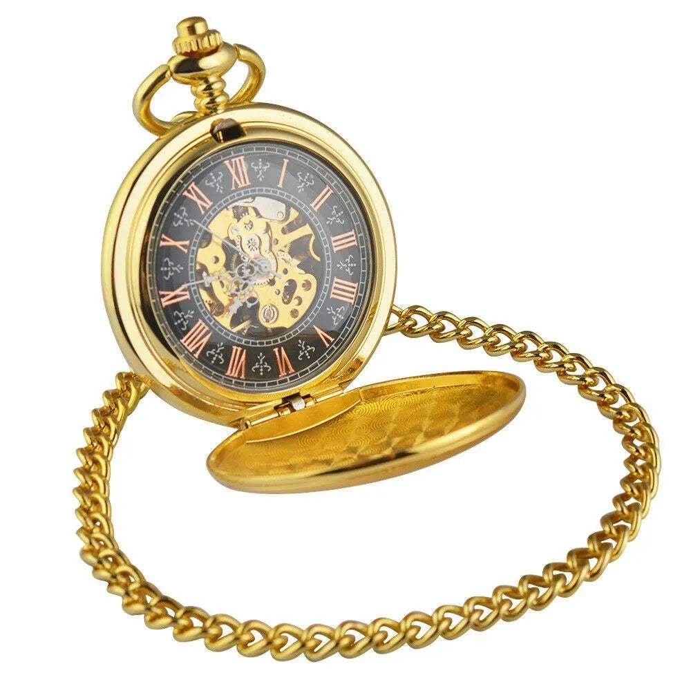 Retro mechanical pocket watch with floral print dial and transparent case back showing movement