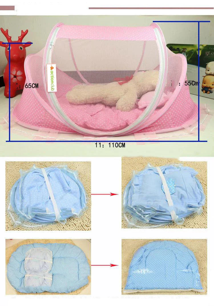 Breathable insect-free foldable baby travel cot with integrated mattress and pillow, available in blue, pink and blue-and-pink colour options