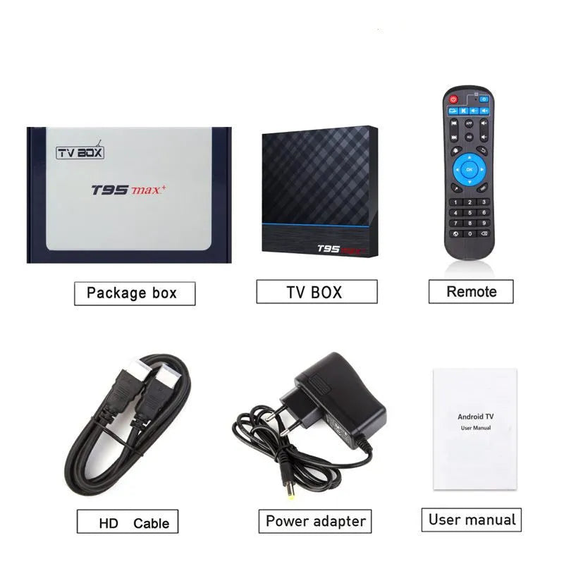 Black T95 Max Plus Android TV Box set-top unit with remote control on a wooden surface.