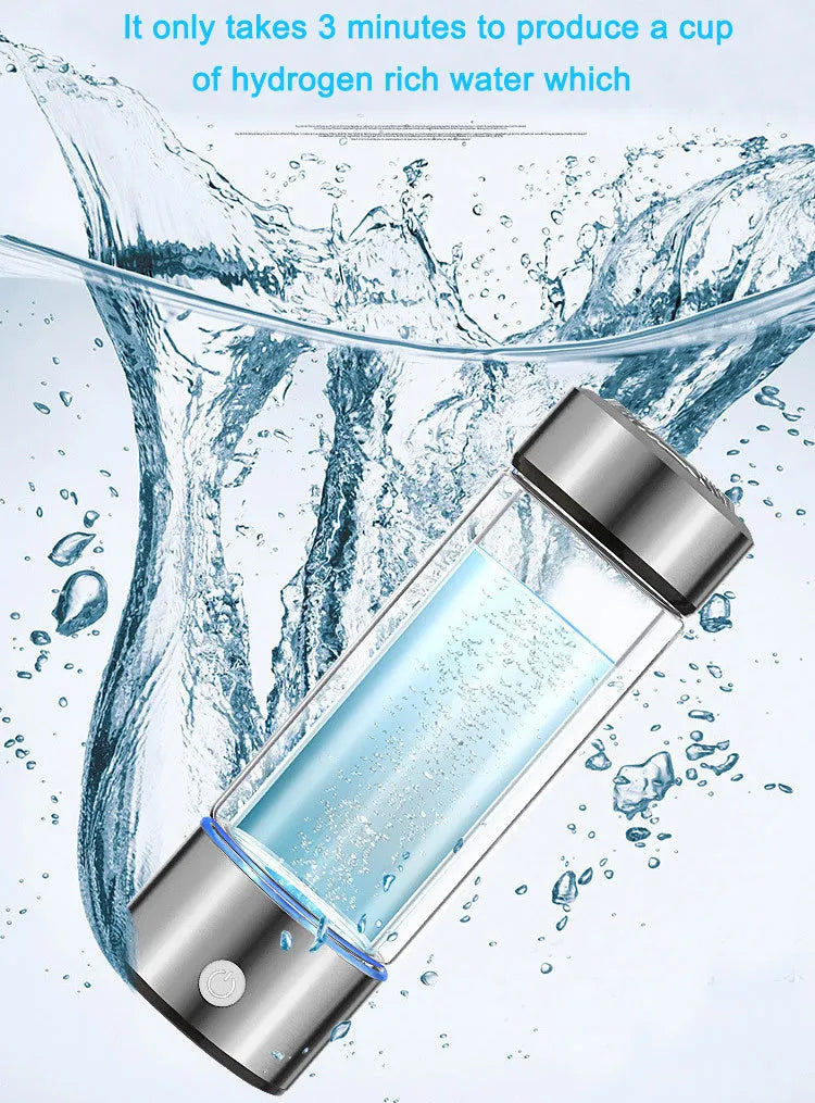 Portable hydrogen water bottle with glass chamber and stainless steel components showing electrolysis bubbles