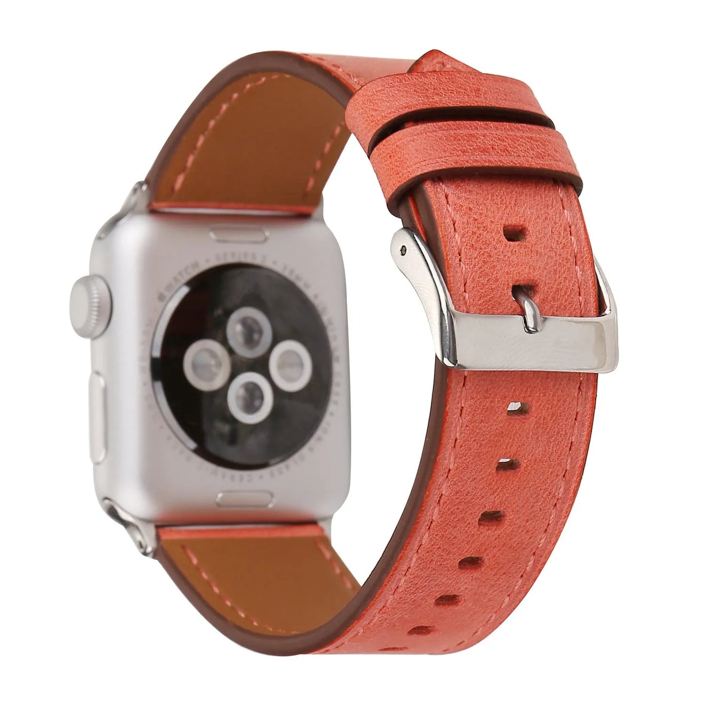 Leather watch strap with a folding buckle in blue, shown next to brown, green, orange, pink, and yellow colour options.