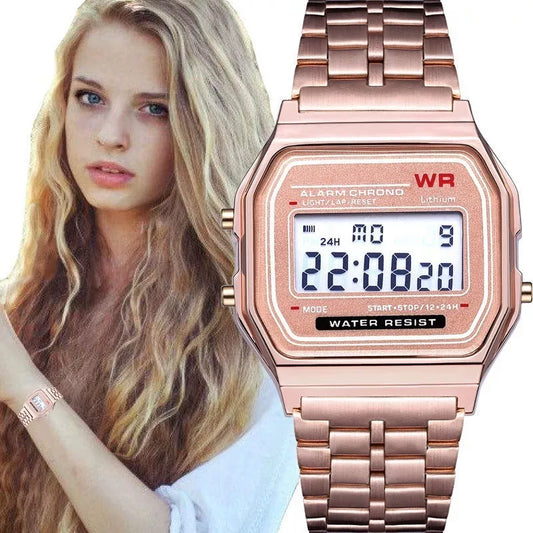 WR F91W Steel Band Electronic Watch with square dial and stainless steel strap