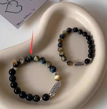 Tigereye Obsidian S925 sterling silver bracelet with Six Words Mantra couple design and round obsidian beads