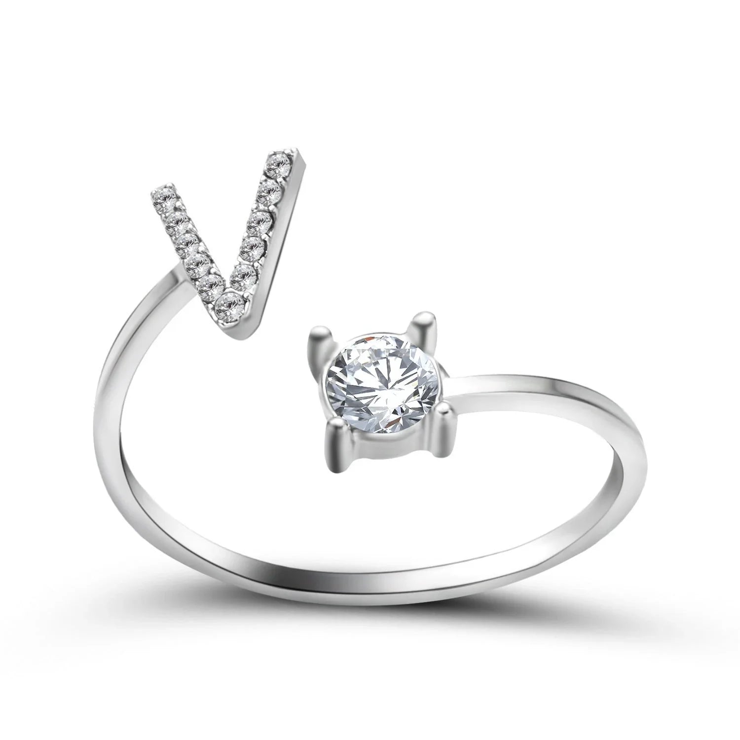 Personalized Initial Letter Crystal Ring with Adjustable Design in Gold, Silver, and Rose Gold Colors