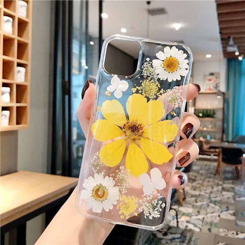 Floral TPU back cover phone case for iPhone showing large pink flower and large yellow flower design options.