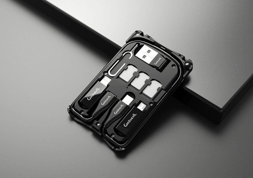 Multifunctional Travel Survival Card All-in-One Data Cable in black, compact design for easy travel