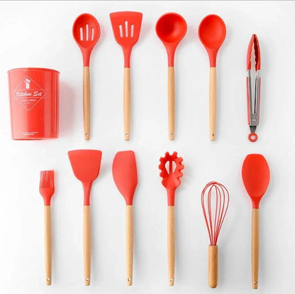 Premium silicone kitchenware set with wooden handle, ideal for cooking and baking