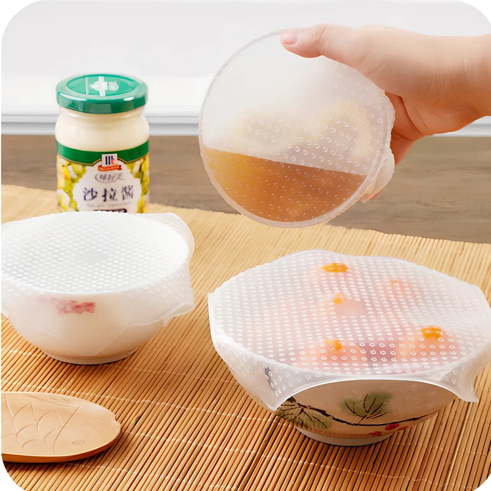 Food grade silicone stretch cling film covering bowl showing stretch capability and seal
