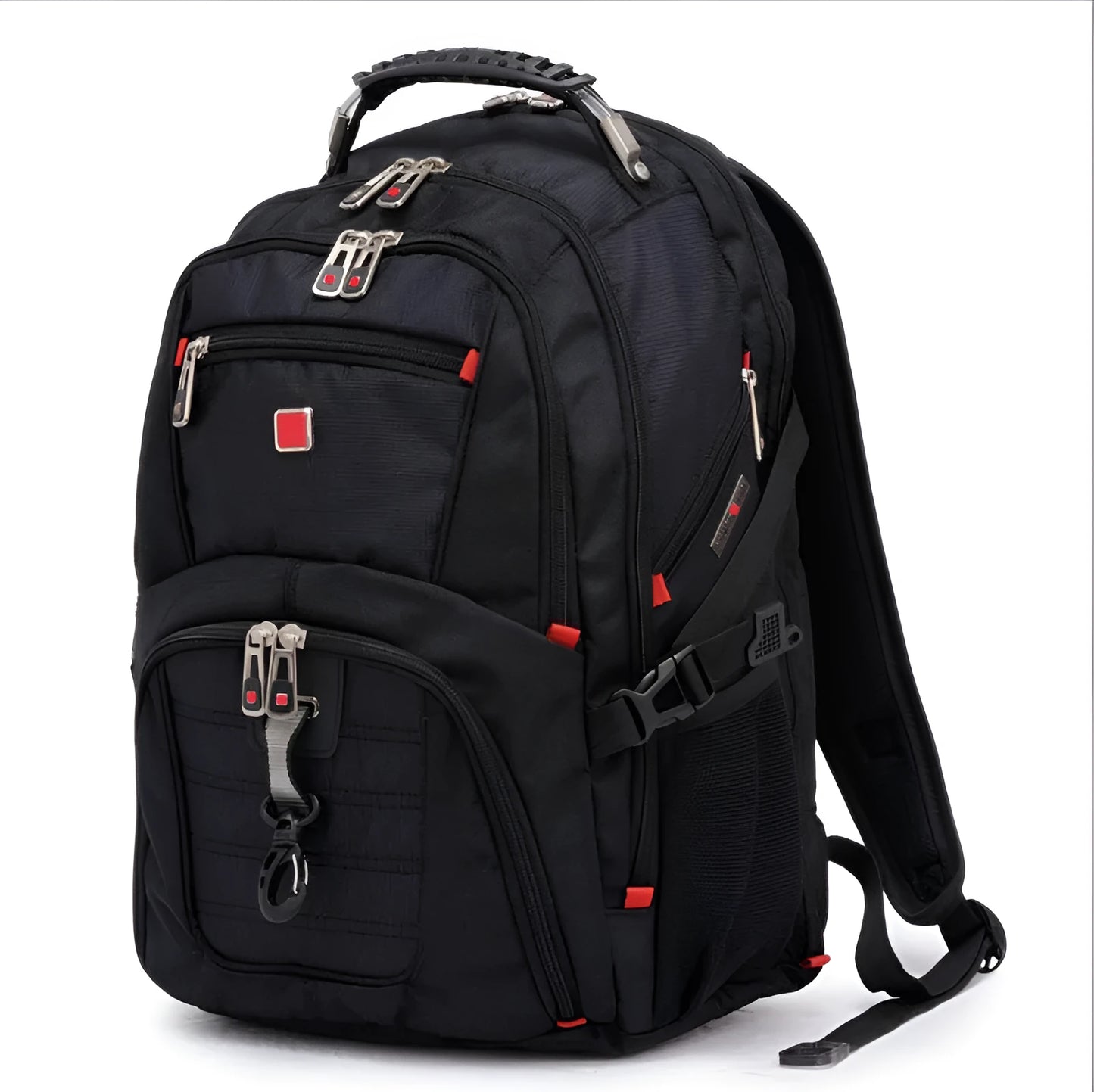 Black 38-litre business laptop backpack open to show computer layer and organisation compartments.