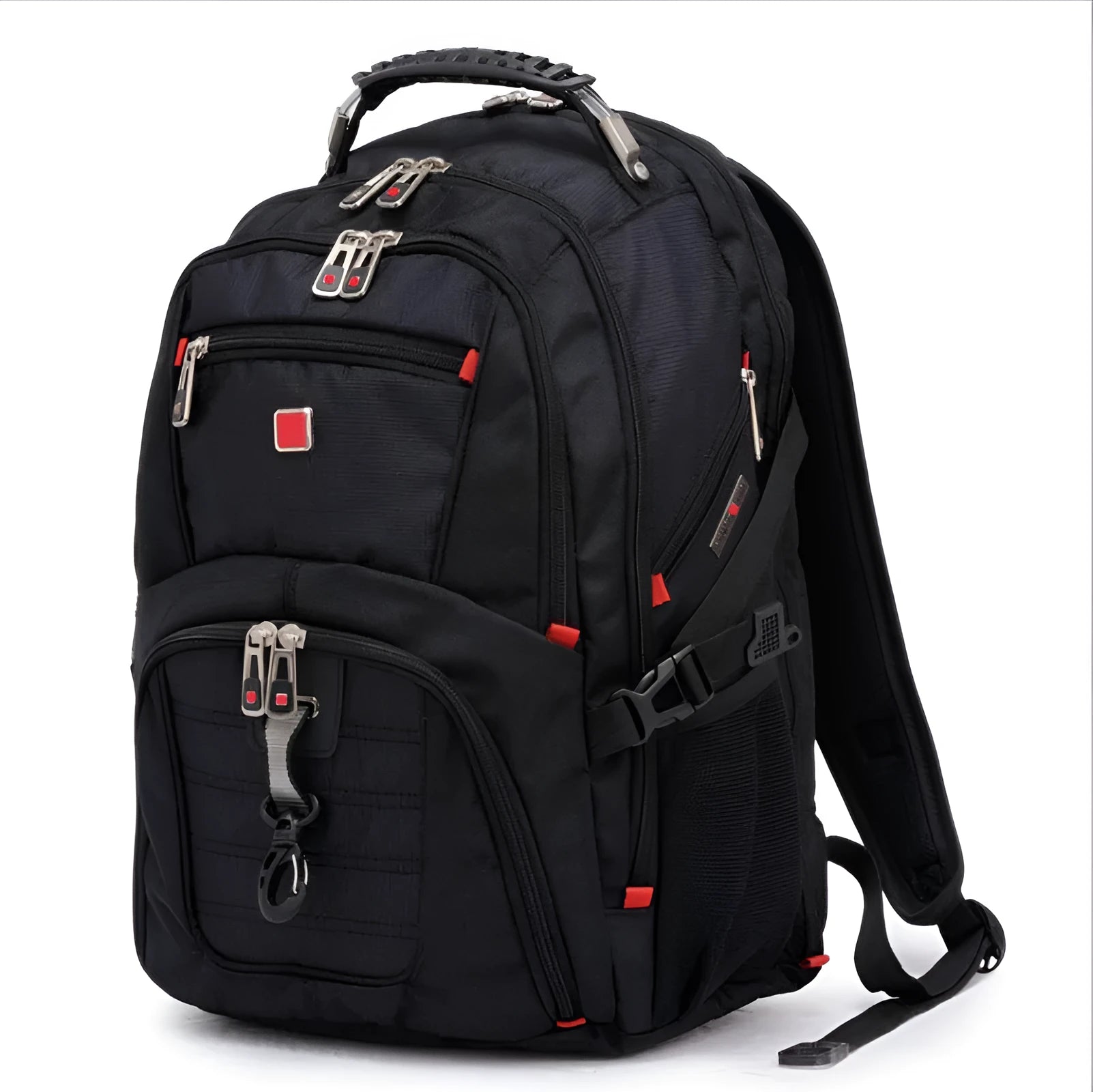 Black 38-litre business laptop backpack open to show computer layer and organisation compartments.