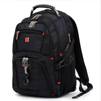 Black 38-litre business laptop backpack open to show computer layer and organisation compartments.