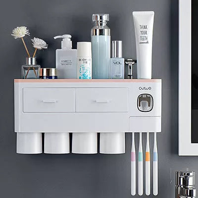 Non-marking hanging magnetic toothbrush holder with toothpaste squeezer and quick-drying cups