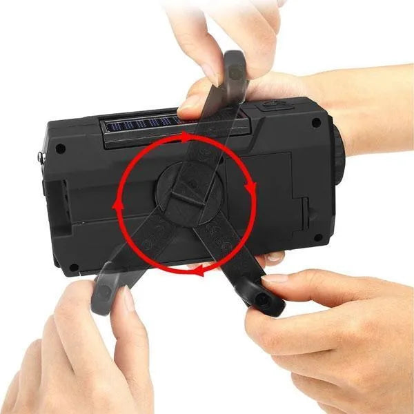 Pocket solar radio in green, red, white, or yellow with engineering plastic body, solar charging, and waterproof build.