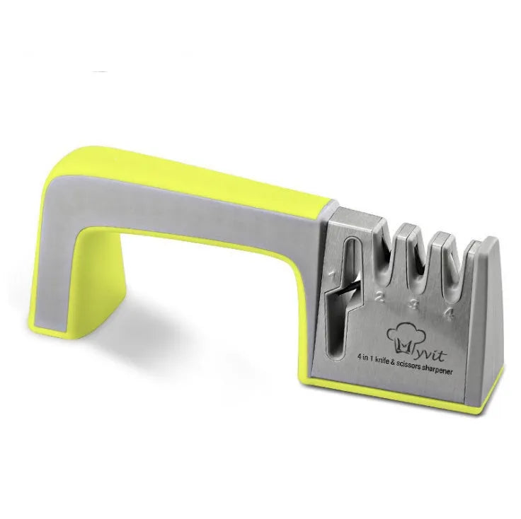 Four-in-one kitchen knife sharpener with 304 stainless steel body and ABS/TPR handle in black colour