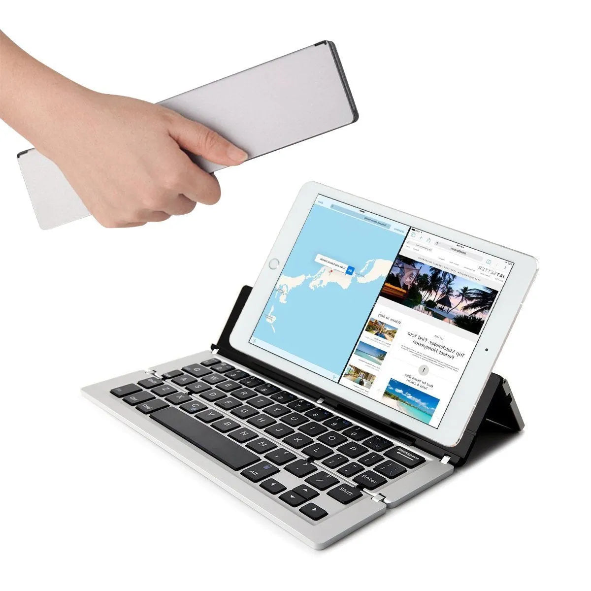 F18 three-fold folding wireless keyboard, aluminium alloy, 58 keys, folded to 22.6cm, in Golden, Grey, Rose Gold, Silvery