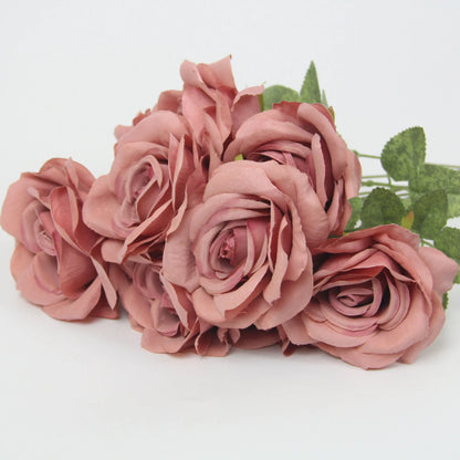 Artificial silk rose flower bouquet with ten rose heads, 53cm tall, in brown colour option.