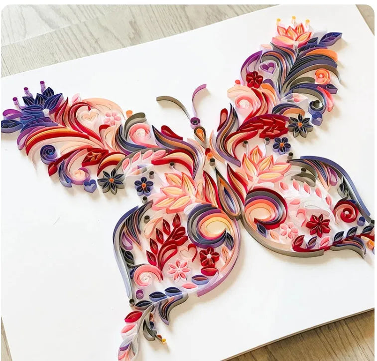 20-inch handmade butterfly quilling illustration craft pack with tools including glue, scissors, awl, and tweezers