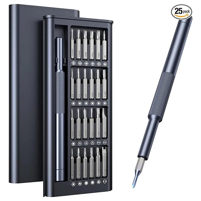 25-in-one screwdriver set with magnetic bits, chrome vanadium steel construction, and 110mm length for household repairs