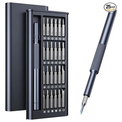 25-in-one screwdriver set with magnetic bits, chrome vanadium steel construction, and 110mm length for household repairs
