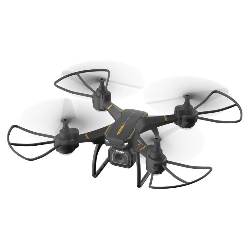 Blue remote control drone with four propellers and protective frame for aerial photography