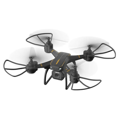 Blue remote control drone with four propellers and protective frame for aerial photography