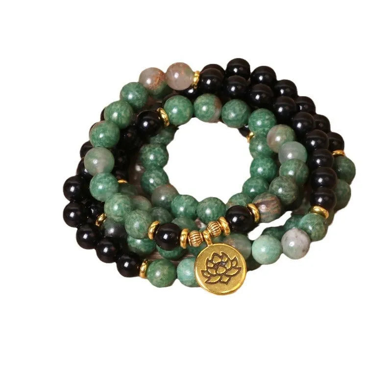 Green and black elastic beaded long bracelet made from alloy with natural style design