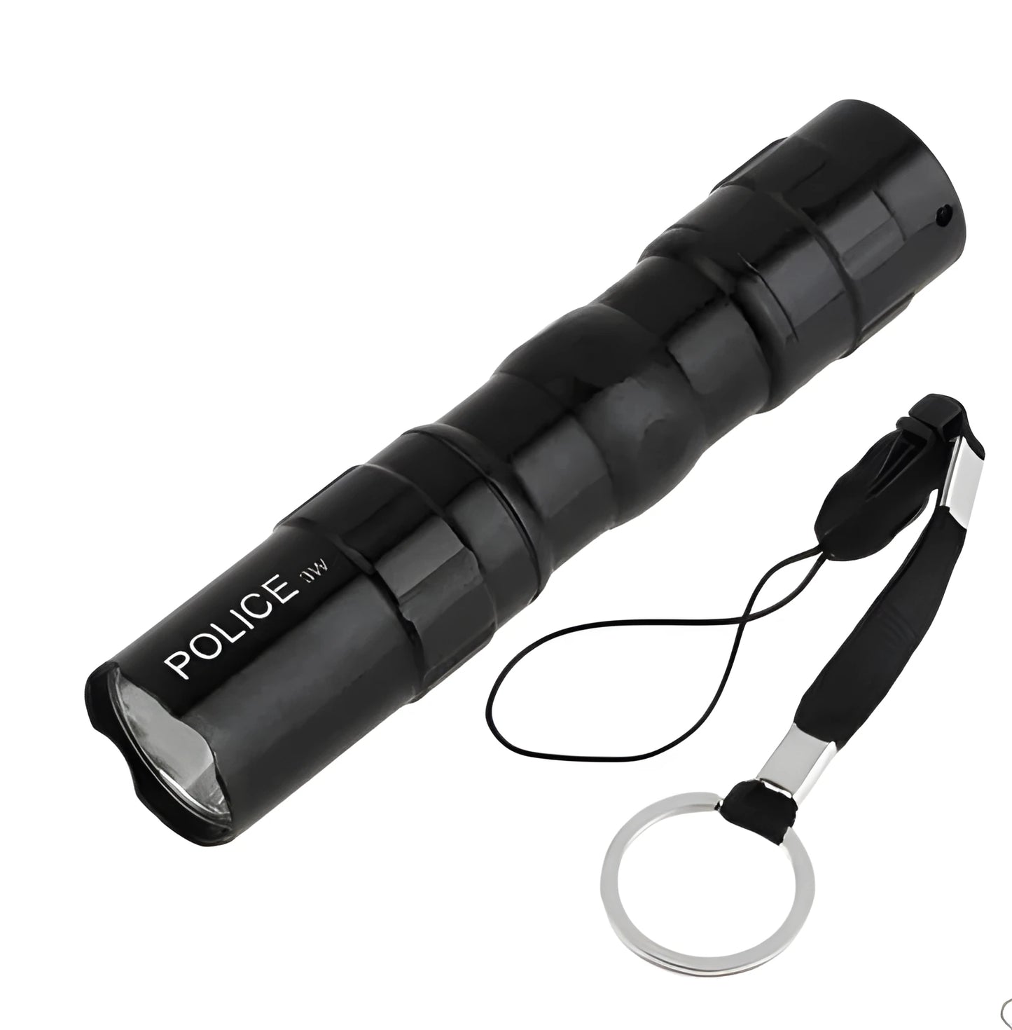 Black aluminium mini LED flashlight shown next to a AA battery for scale.
