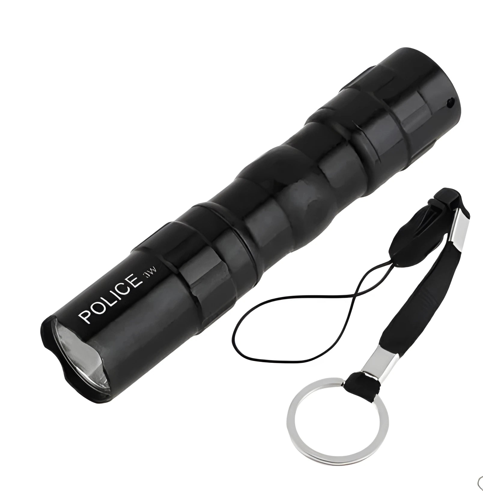 Black aluminium mini LED flashlight shown next to a AA battery for scale.