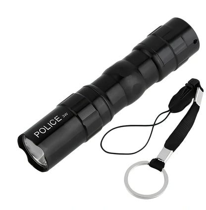 Black aluminium LED mini flashlight measuring 9.5cm with 3W bulb and AA battery compartment