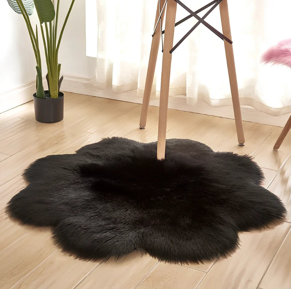 Artificial woolen carpet rug with floral sheepskin pattern in plush fabric, available in multiple sizes and colours