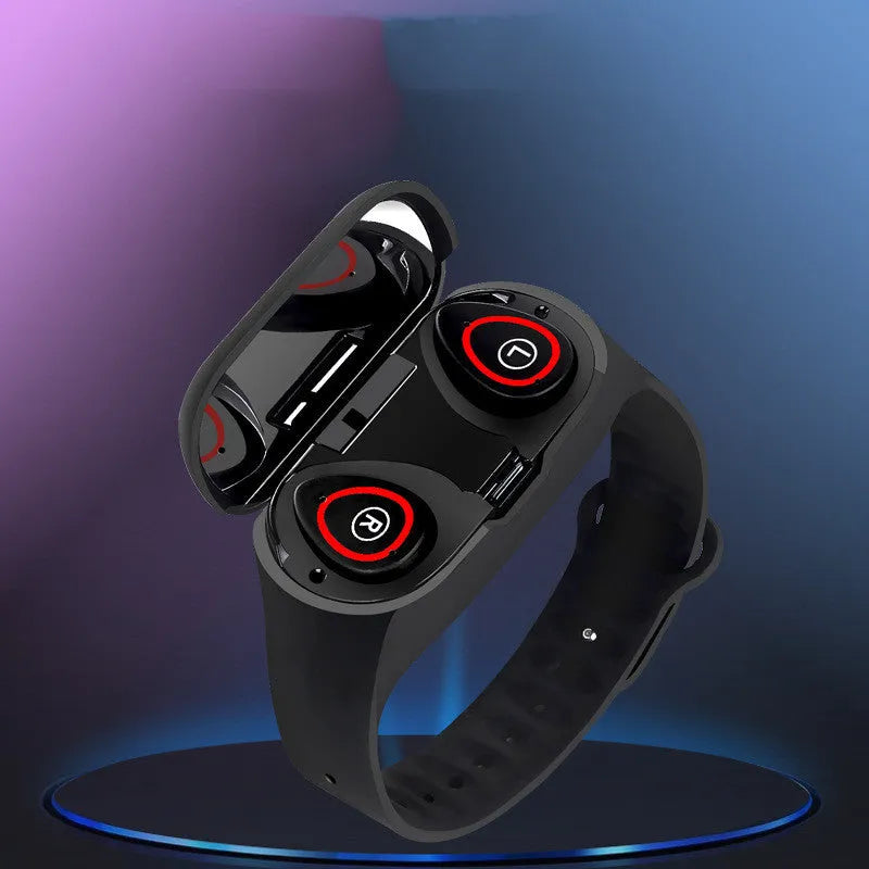 Black smart silicone wristband with a 1-inch screen and integrated earphones for fitness tracking and calls.