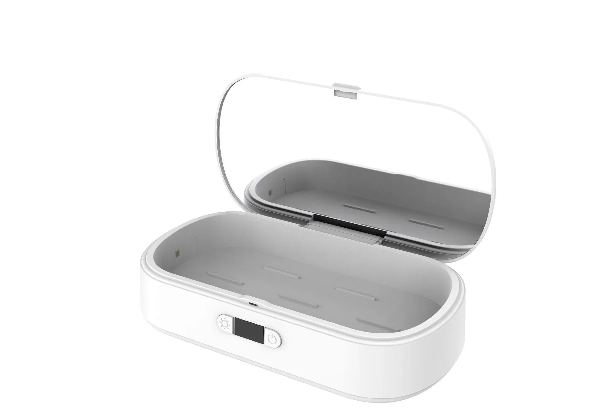 White wireless UV steriliser and charging box for mobile phones and small personal items.