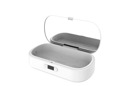 White wireless UV steriliser and charging box for mobile phones and small personal items.