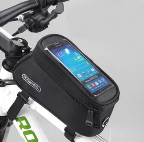 ROSWHEEL bicycle frame bag holder in black blue colour, showing iPhone compatibility and size options