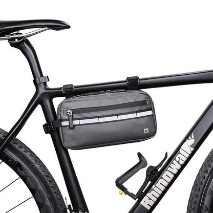 Multifunctional bicycle front handlebar bag in black, grey or blue, 1680D polyester, 3L capacity, 25cm x 8.5cm x 13cm.