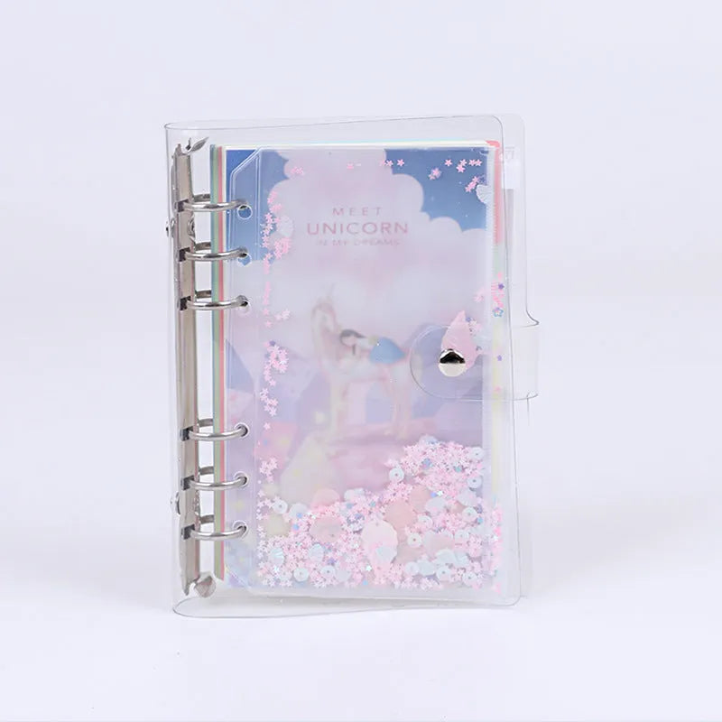 Metal loose leaf binder with PVC cover in blue or pink, showing side storage bag.