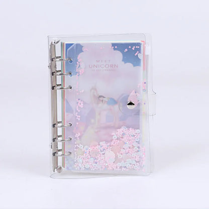 Metal loose leaf binder with PVC cover in blue or pink, showing side storage bag.