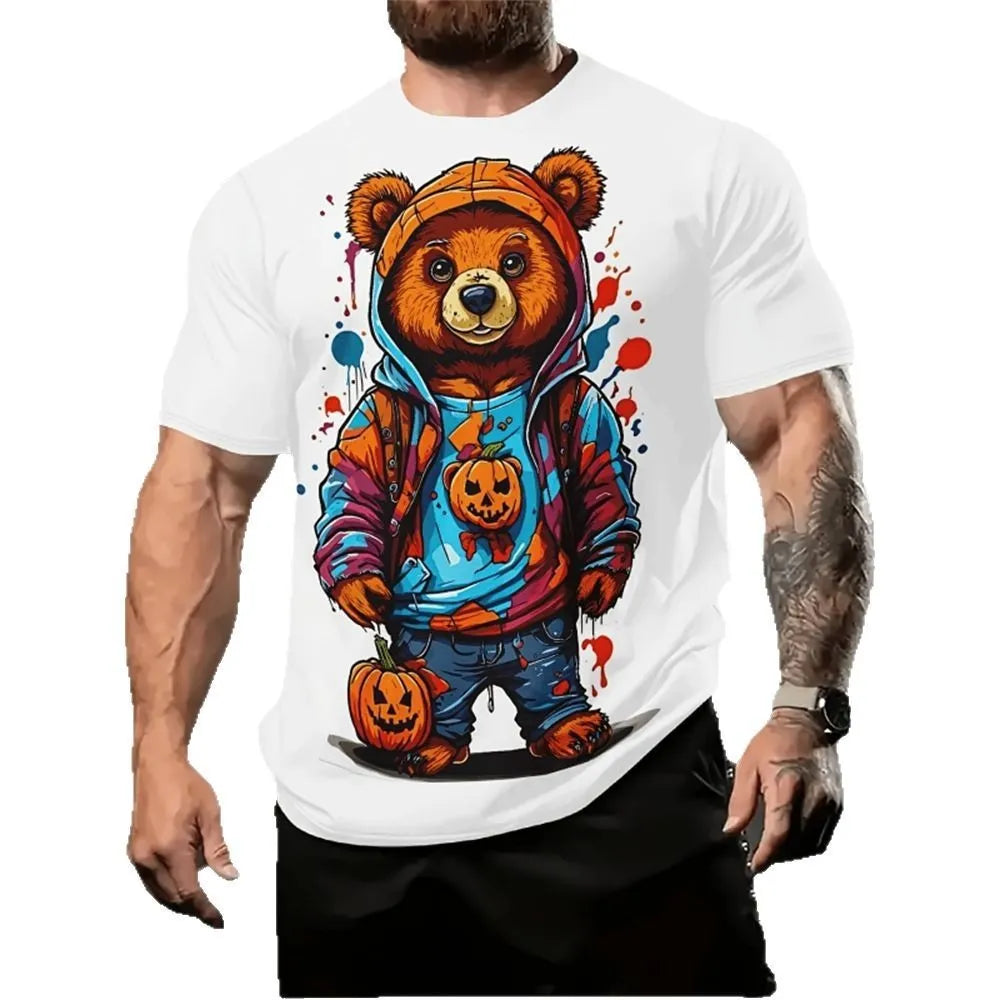 Men's grey loose-fit short sleeve t-shirt featuring a large 3D cartoon character print on the front.